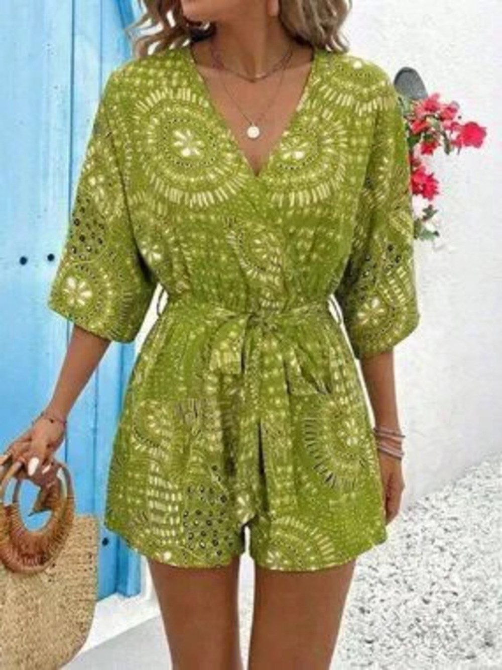 ZARA Green Boho Women's V-Neck Criss-Cross Waist Tie Floral Print Romper